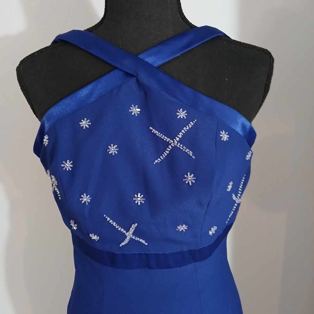 Special Occasion Sz 2 Long Dressl Blue Straps‎ Cross At Neck Sparkling Accents